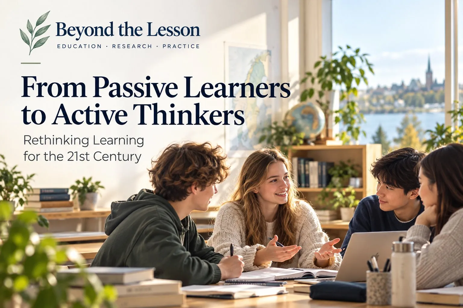 Cover of From Passive Learners to Active Thinkers: four students talking and working together around a table with books and a laptop in a bright, plant-filled classroom, a window behind them overlooking water and a city skyline, beneath the Beyond the Lesson leaf mark, the title, and the subtitle Rethinking Learning for the 21st Century.