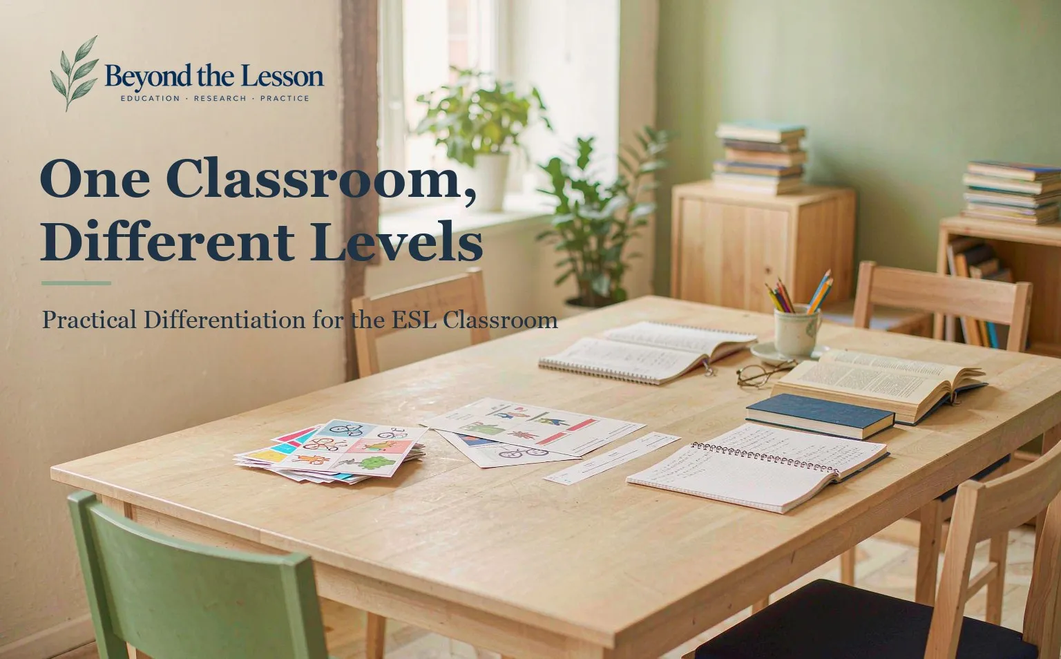 Cover of One Classroom, Different Levels: five students in a warm, plant-filled international classroom working around one table toward the same shared learning goal, each using different support — a vocabulary card, visual reference, sentence prompt, discussion with a partner, or a more challenging extension — while their teacher facilitates from the edge of the room, beneath the Beyond the Lesson logo, the title, and the subtitle Practical Differentiation for the ESL Classroom.