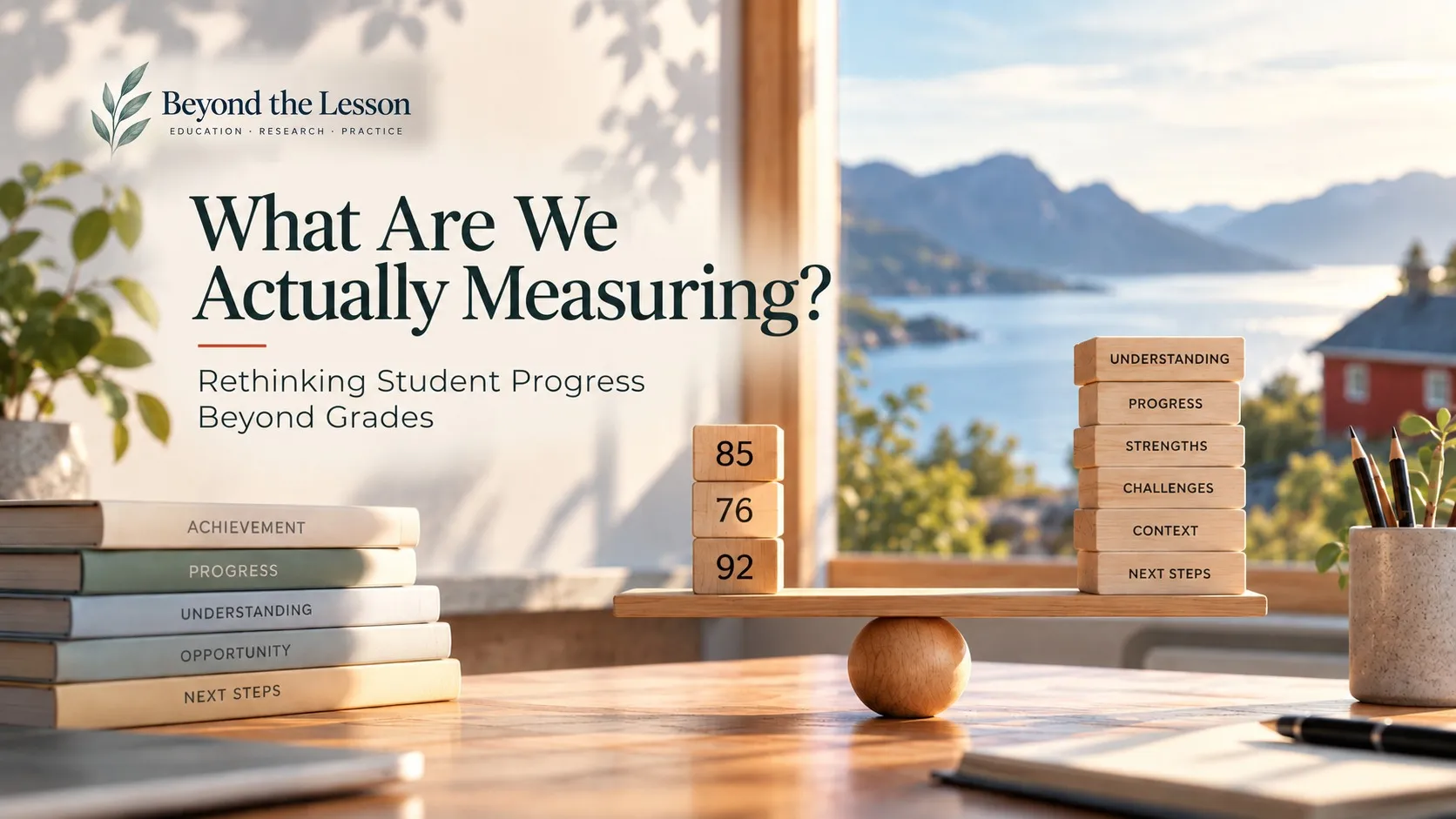 A balance scale on a wooden desk holding three wooden blocks marked 85, 76 and 92, weighed against a stack of books labelled Achievement, Progress, Understanding, Opportunity and Next Steps, with a fjord view through a window, beneath the Beyond the Lesson logo and the title What Are We Actually Measuring? — Rethinking Student Progress Beyond Grades.