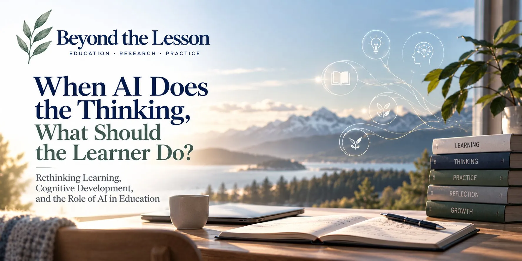 Cover of When AI Does the Thinking, What Should the Learner Do?: a desk by a fjord window at dusk with an open notebook, pen and laptop, a stack of books labelled Learning, Thinking, Practice, Reflection and Growth, and floating icons of a book, light bulb, mind and seedling, beneath the Beyond the Lesson leaf mark, the title and the subtitle Rethinking Learning, Cognitive Development, and the Role of AI in Education.