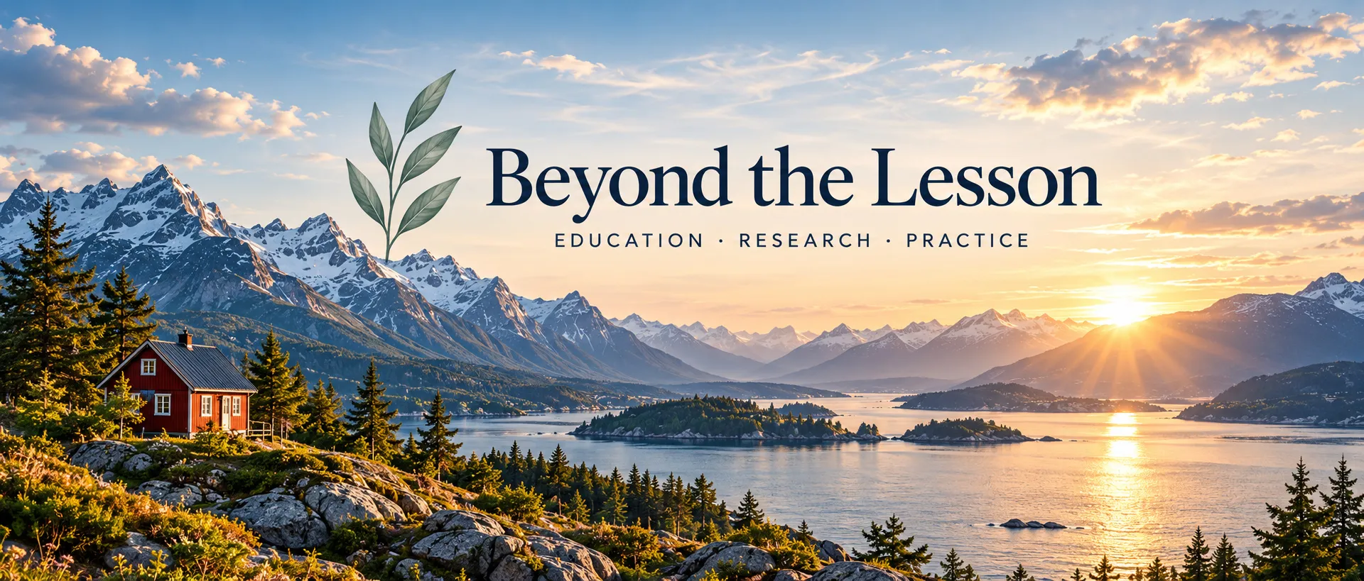 Nordic mountain and fjord landscape at sunset with a red Scandinavian house; the Beyond the Lesson leaf logo and wordmark